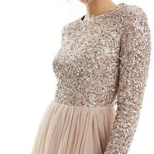 Tall long sleeve sequin maxi tulle dress - taupe size 6 Tall PROM BRIDESMAID